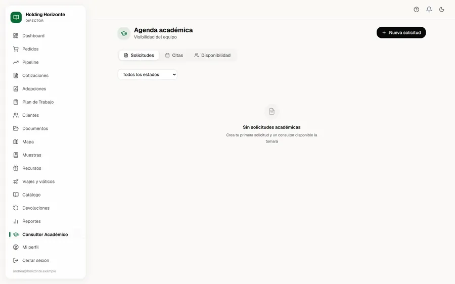 Consultor académico: bandeja de solicitudes y agenda