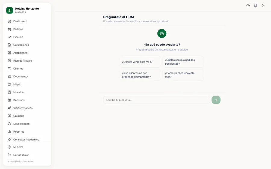 Pregúntale al CRM: chat con preguntas sugeridas sobre ventas, clientes y equipo