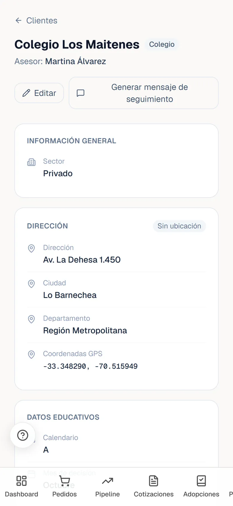 Ficha del colegio en el celular